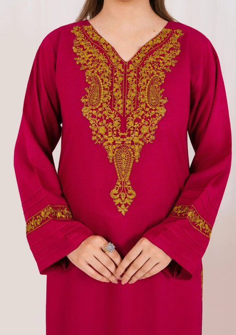 3pc Embroidered Alpine Karandi with Embroidered Border Shawl Hot Pink`