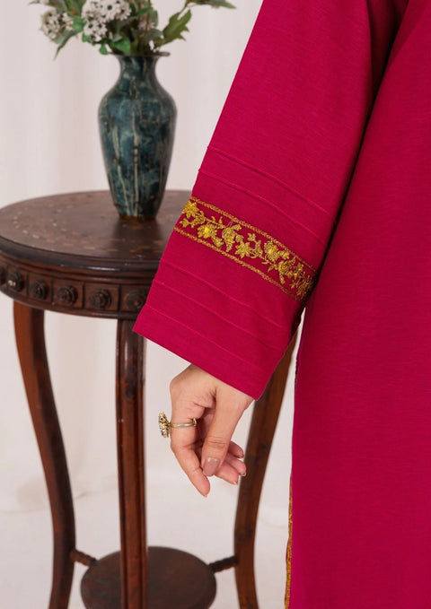 3pc Embroidered Alpine Karandi with Embroidered Border Shawl Hot Pink`