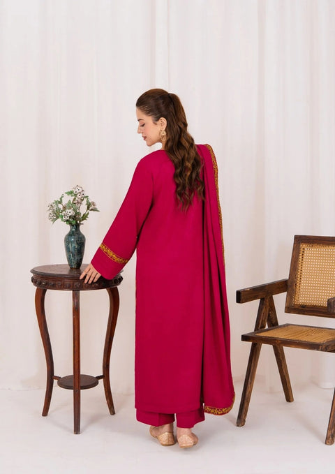 3pc Embroidered Alpine Karandi with Embroidered Border Shawl Hot Pink`