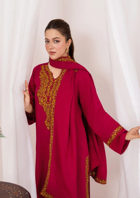 3pc Embroidered Alpine Karandi with Embroidered Border Shawl Hot Pink`