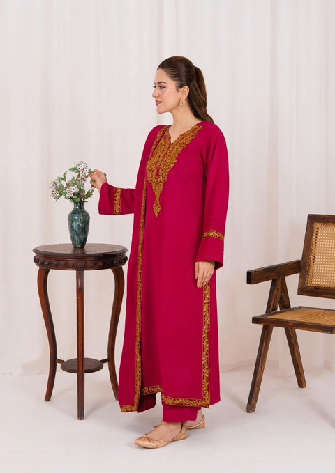 3pc Embroidered Alpine Karandi with Embroidered Border Shawl Hot Pink`