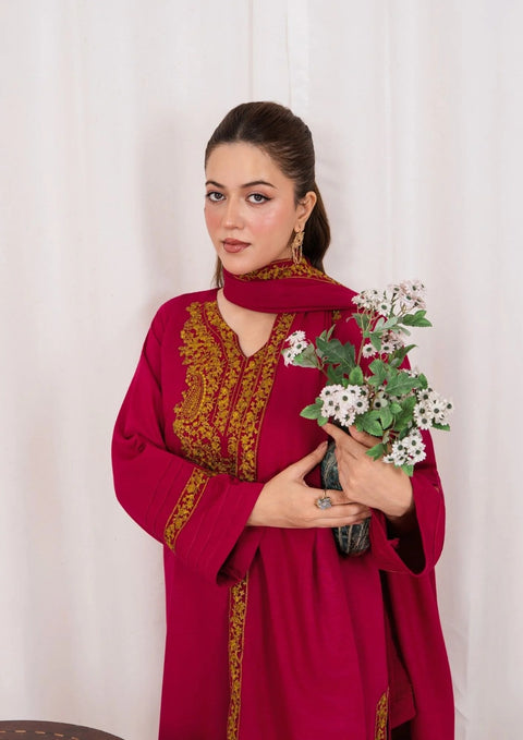 3pc Embroidered Alpine Karandi with Embroidered Border Shawl Hot Pink`