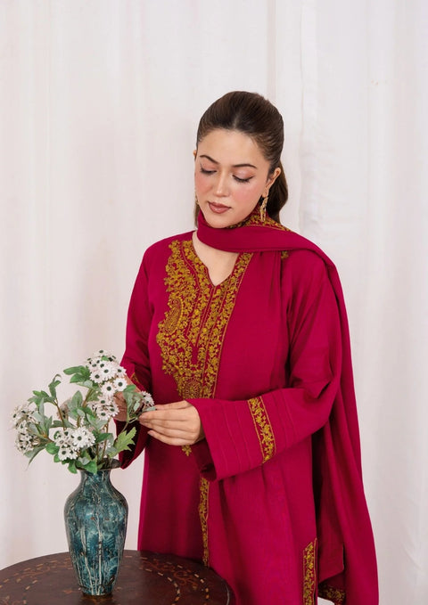 3pc Embroidered Alpine Karandi with Embroidered Border Shawl Hot Pink`