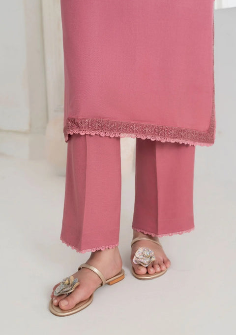 3Pc Embroidered Alpine Wool with Embroidered Border Shawl Tea Pink