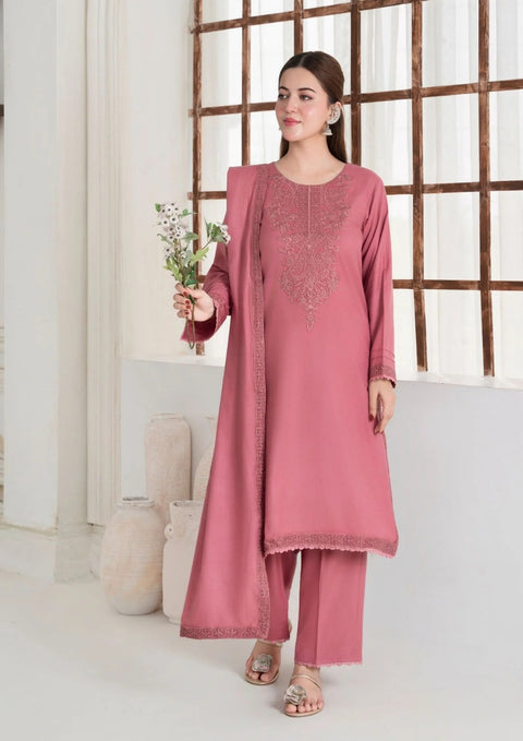 3Pc Embroidered Alpine Wool with Embroidered Border Shawl Tea Pink