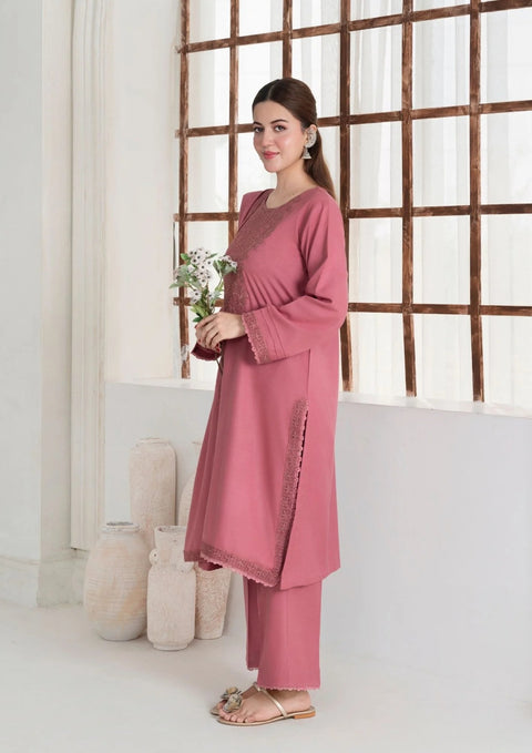 3Pc Embroidered Alpine Wool with Embroidered Border Shawl Tea Pink