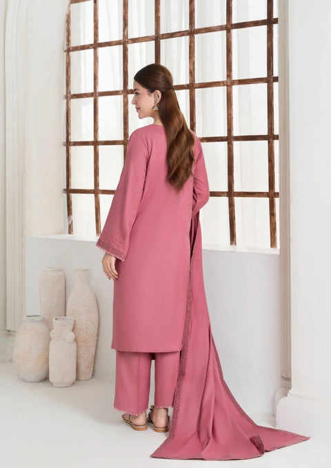 3Pc Embroidered Alpine Wool with Embroidered Border Shawl Tea Pink