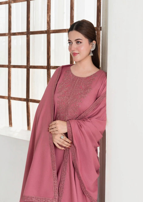 3Pc Embroidered Alpine Wool with Embroidered Border Shawl Tea Pink