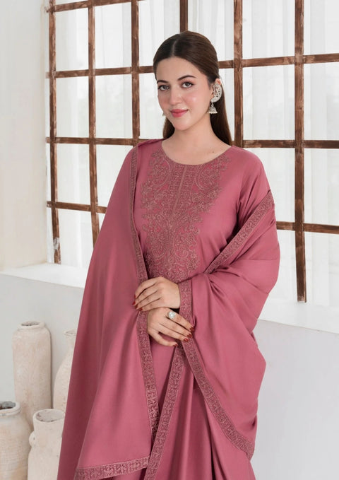 3Pc Embroidered Alpine Wool with Embroidered Border Shawl Tea Pink