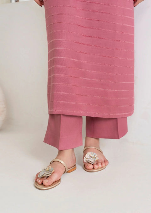 3Pc Alpine Velvet Shirt With Velvet Border Shawl And Plain Trouser Tea Pink