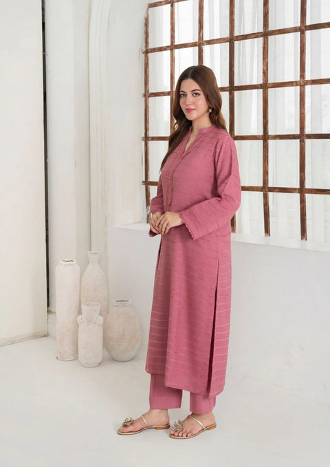 3Pc Alpine Velvet Shirt With Velvet Border Shawl And Plain Trouser Tea Pink