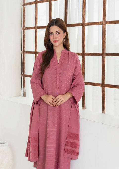 3Pc Alpine Velvet Shirt With Velvet Border Shawl And Plain Trouser Tea Pink
