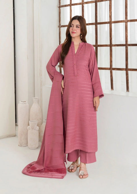 3Pc Alpine Velvet Shirt With Velvet Border Shawl And Plain Trouser Tea Pink