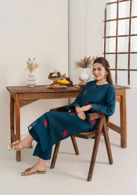 2pc Multi Embroidered Khaddar Teal AML-W25-0006