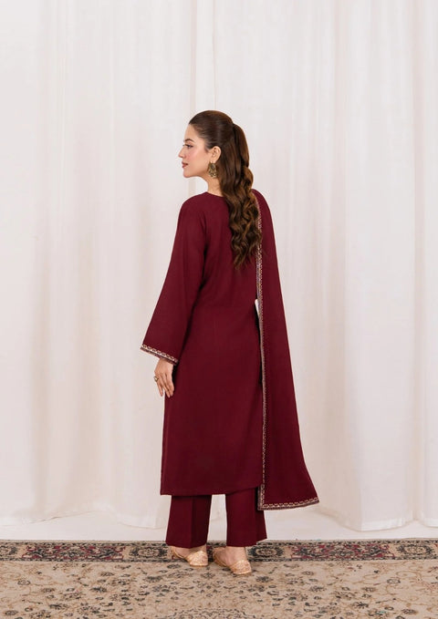 3pc Embroidered Alpine with Embroidered Border Shawl Maroon AML-W25-0026