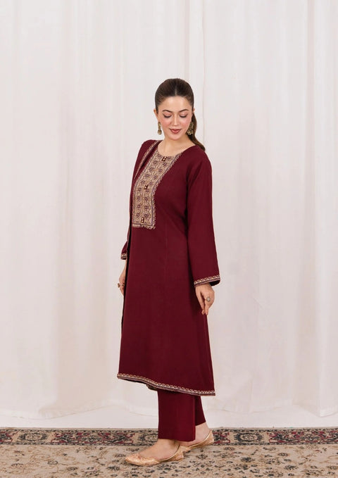 3pc Embroidered Alpine with Embroidered Border Shawl Maroon AML-W25-0026