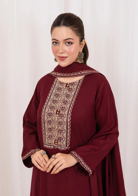 3pc Embroidered Alpine with Embroidered Border Shawl Maroon AML-W25-0026