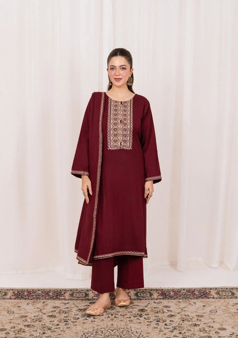 3pc Embroidered Alpine with Embroidered Border Shawl Maroon AML-W25-0026