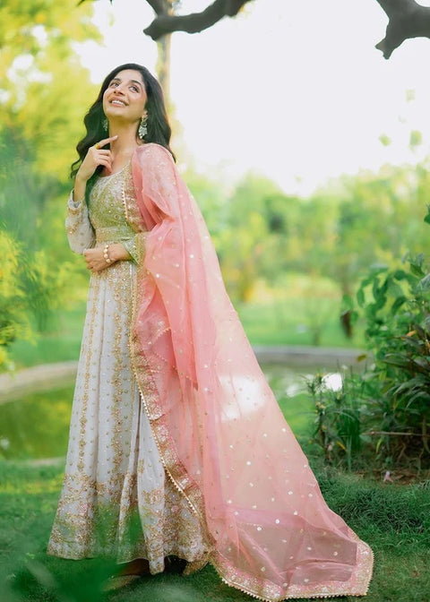 Hooriya 2 - Chiffon Angrakha Set in Ivory