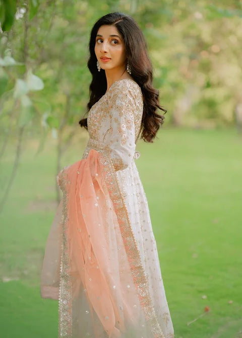 Hooriya 2 - Chiffon Angrakha Set in Ivory