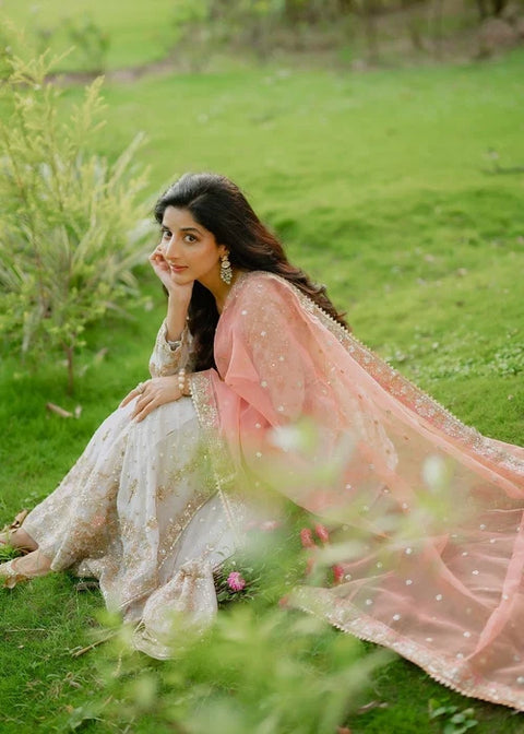 Hooriya 2 - Chiffon Angrakha Set in Ivory