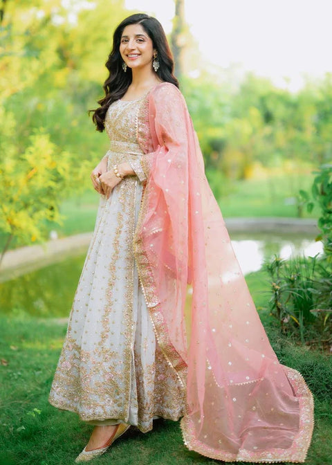 Hooriya 2 - Chiffon Angrakha Set in Ivory