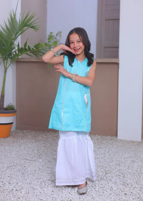 2pcs Aqua Blue Airline Shirt With Gharara-KG 007