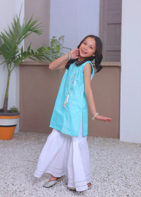 2pcs Aqua Blue Airline Shirt With Gharara-KG 007