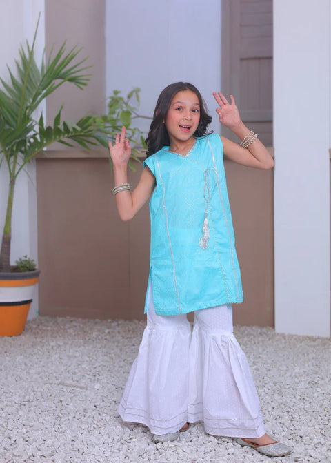 2pcs Aqua Blue Airline Shirt With Gharara-KG 007