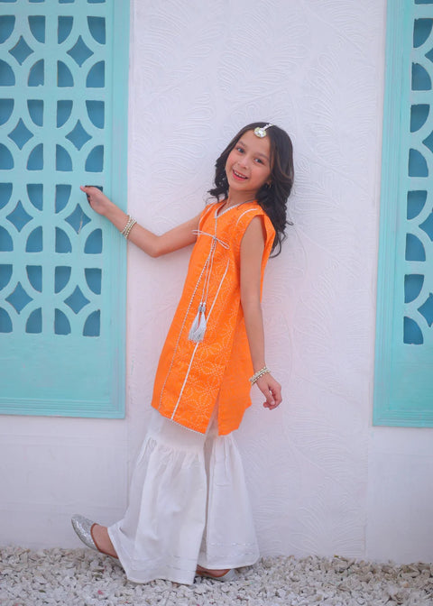 Pumpkin Orange 2pcs Airline Shirt With Gharara-KG 008