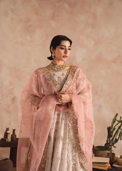 Hooriya 2 - Chiffon Angrakha Set in Ivory