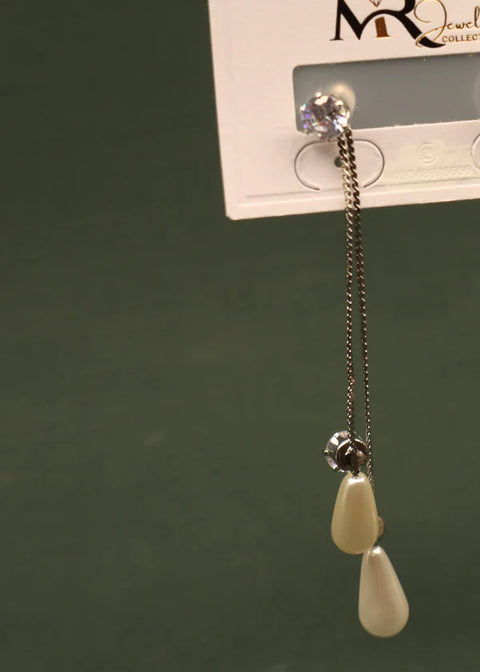 Mr.Rj | Pa - Off White Drop Shape Stones Silver Coated Long Earrings Drop