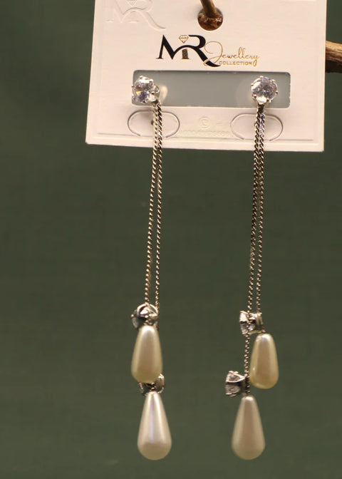 Mr.Rj | Pa - Off White Drop Shape Stones Silver Coated Long Earrings Drop