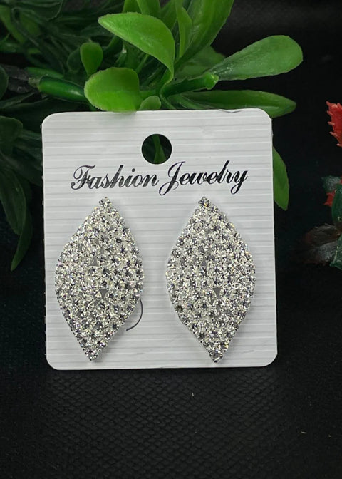 MJ| BB88 Silver Leaf Shaped Crystal Stud Earrings