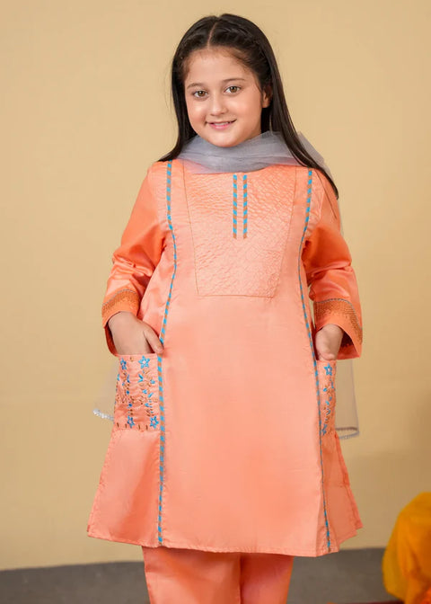 Peach Embroidered 3 - Piece Cotton Suit For Girls