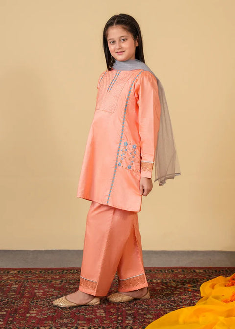 Peach Embroidered 3 - Piece Cotton Suit For Girls