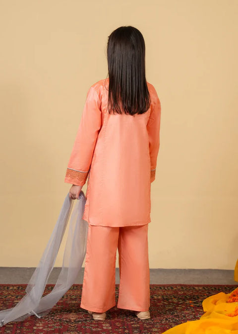 Peach Embroidered 3 - Piece Cotton Suit For Girls
