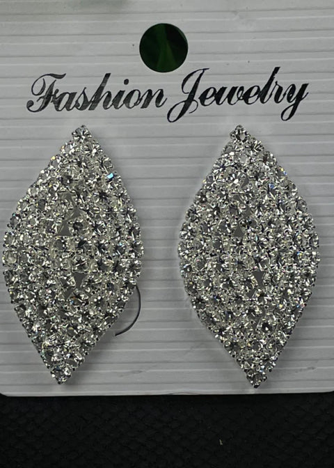MJ| BB88 Silver Leaf Shaped Crystal Stud Earrings