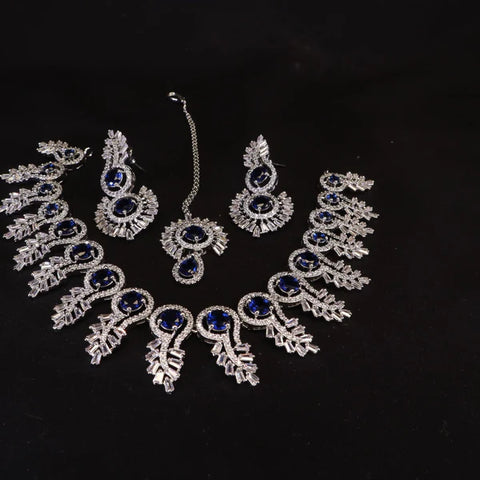 MR RJ Dark Blue Stone Silver Plated Chokar SET