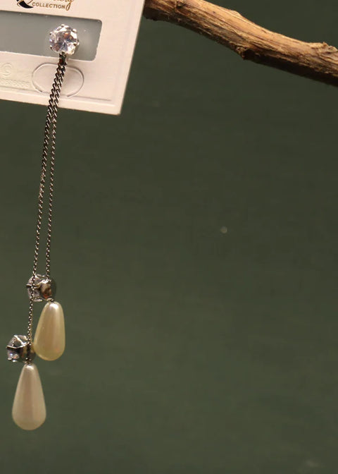 Mr.Rj | Pa - Off White Drop Shape Stones Silver Coated Long Earrings Drop