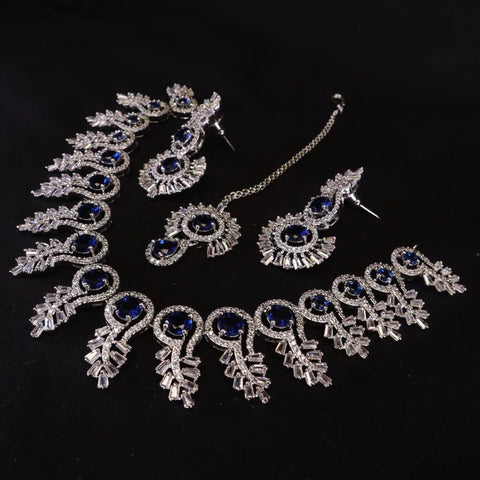 MR RJ Dark Blue Stone Silver Plated Chokar SET