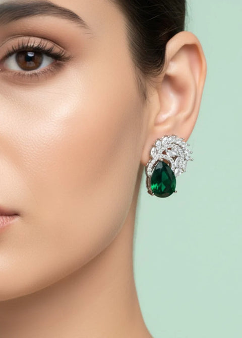 Zarqa Crystal Leaf Earrings - Emerald Green | ZAROSH JEWEL