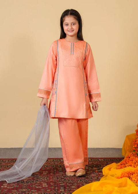 Peach Embroidered 3 - Piece Cotton Suit For Girls
