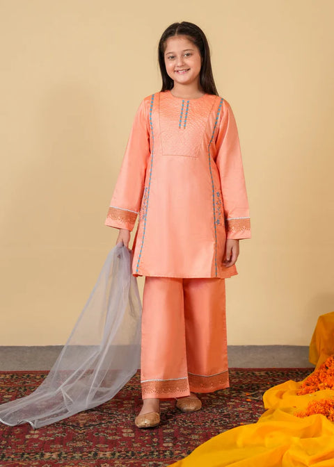 Peach Embroidered 3 - Piece Cotton Suit For Girls