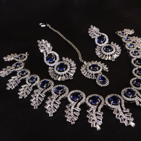 MR RJ Dark Blue Stone Silver Plated Chokar SET